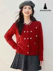 Chic Beaded Bouclé Knit Cardigan for Women Soft Knitted Sweater CoatAutumn/Winter Outerwear