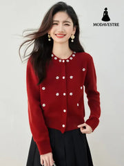 Chic Beaded Bouclé Knit Cardigan for Women Soft Knitted Sweater CoatAutumn/Winter Outerwear