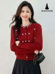 Chic Beaded Bouclé Knit Cardigan for Women Soft Knitted Sweater CoatAutumn/Winter Outerwear
