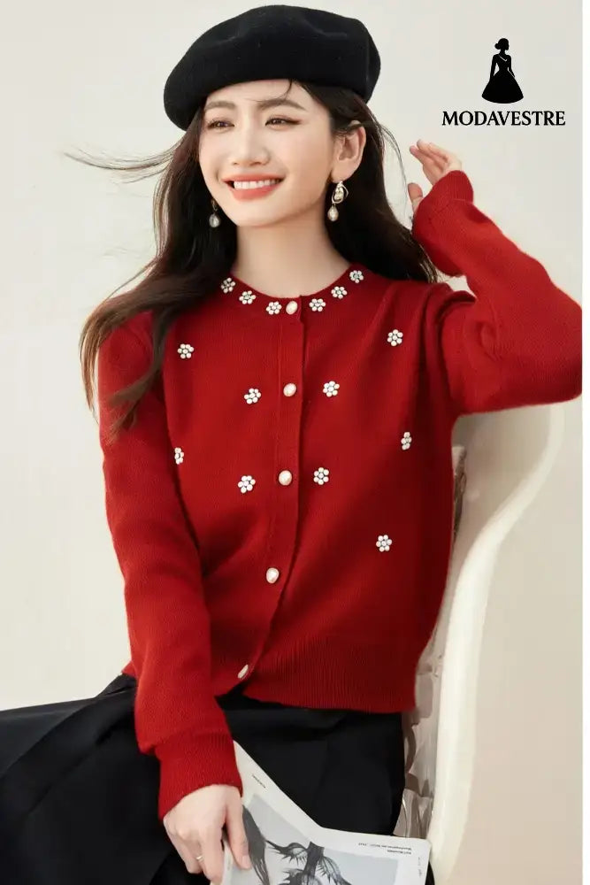 Chic Beaded Bouclé Knit Cardigan for Women Soft Knitted Sweater CoatAutumn/Winter Outerwear