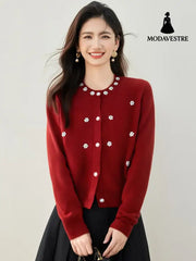 Chic Beaded Bouclé Knit Cardigan for Women Soft Knitted Sweater CoatAutumn/Winter Outerwear Red / S