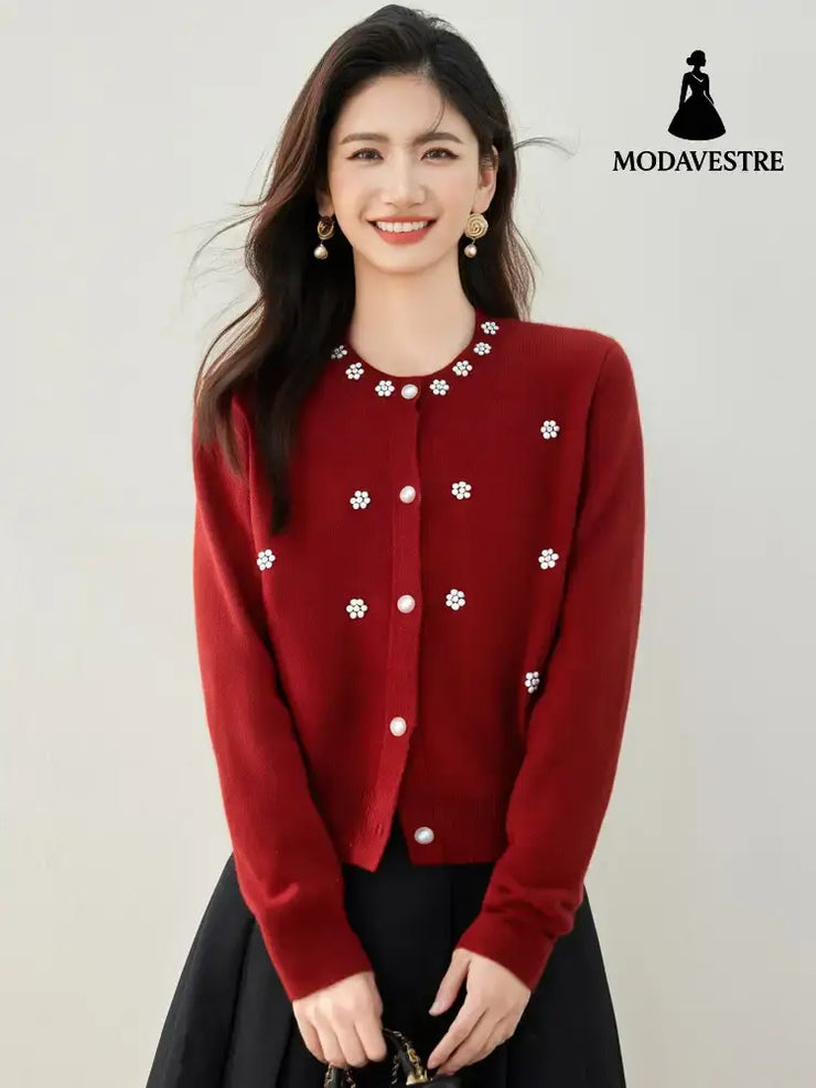 Chic Beaded Bouclé Knit Cardigan for Women Soft Knitted Sweater CoatAutumn/Winter Outerwear Red / S