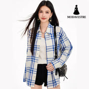 Chic Blue Checkered Shirt Jacket for Women Striped Long Sleeve BlouseRelaxed Fit Brightening Top