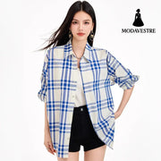 Chic Blue Checkered Shirt Jacket for Women Striped Long Sleeve BlouseRelaxed Fit Brightening Top