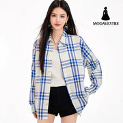 Chic Blue Checkered Shirt Jacket for Women Striped Long Sleeve BlouseRelaxed Fit Brightening Top