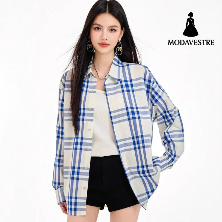 Chic Blue Checkered Shirt Jacket for Women Striped Long Sleeve BlouseRelaxed Fit Brightening Top