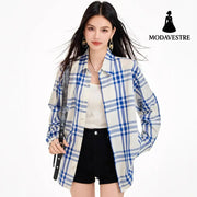 Chic Blue Checkered Shirt Jacket for Women Striped Long Sleeve BlouseRelaxed Fit Brightening Top