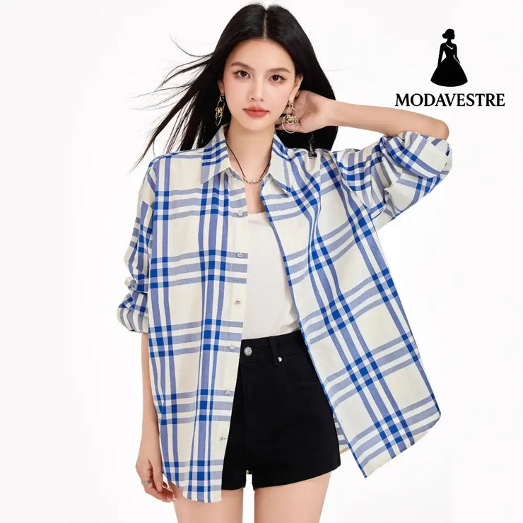 Chic Blue Checkered Shirt Jacket for Women Striped Long Sleeve BlouseRelaxed Fit Brightening Top Blue / S