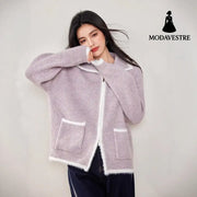 Chic Faux Fur Color-Blocked Knit Cardigan for WomenLong SleeveKnitted Open Front Sweater Coat