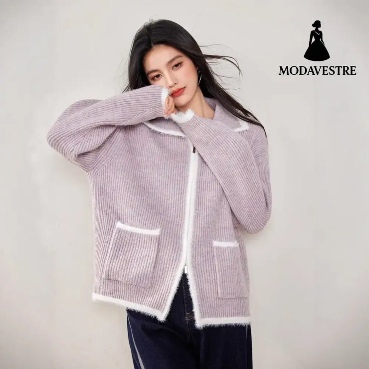 Chic Faux Fur Color-Blocked Knit Cardigan for WomenLong SleeveKnitted Open Front Sweater Coat