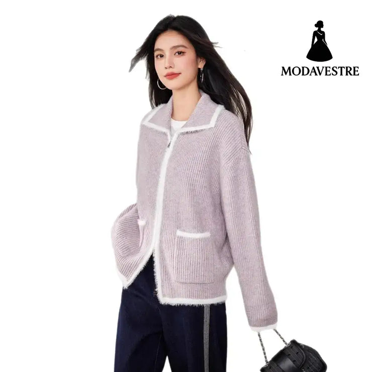 Chic Faux Fur Color-Blocked Knit Cardigan for WomenLong SleeveKnitted Open Front Sweater Coat