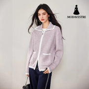 Chic Faux Fur Color-Blocked Knit Cardigan for WomenLong SleeveKnitted Open Front Sweater Coat