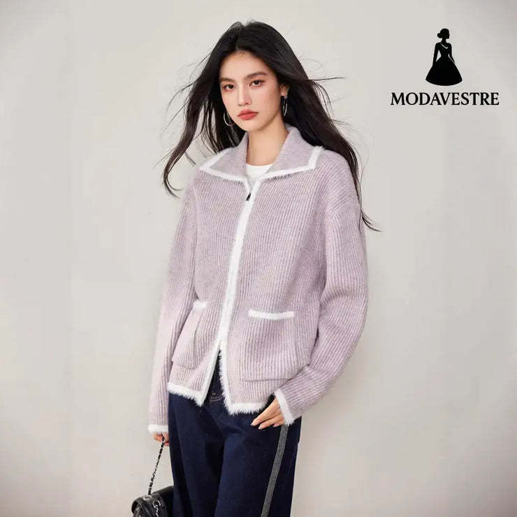 Chic Faux Fur Color-Blocked Knit Cardigan for WomenLong SleeveKnitted Open Front Sweater Coat