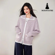 Chic Faux Fur Color-Blocked Knit Cardigan for WomenLong SleeveKnitted Open Front Sweater Coat