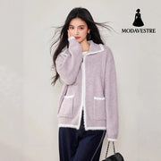 Chic Faux Fur Color-Blocked Knit Cardigan for WomenLong SleeveKnitted Open Front Sweater Coat Lavender Purple / S