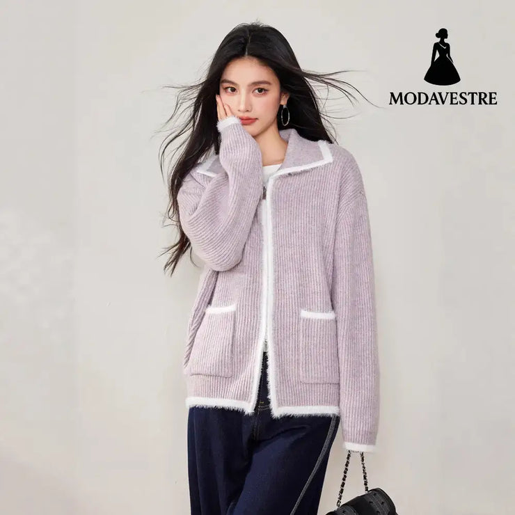 Chic Faux Fur Color-Blocked Knit Cardigan for WomenLong SleeveKnitted Open Front Sweater Coat Lavender Purple / S