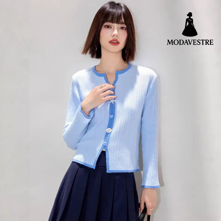 Chic Knit Cardigan for Women - Color Block Button Design Slim Fit Lightweight Fashionable Layering Top