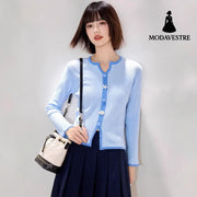 Chic Knit Cardigan for Women - Color Block Button Design Slim Fit Lightweight Fashionable Layering Top