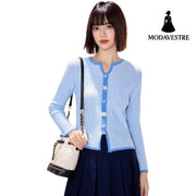 Chic Knit Cardigan for Women - Color Block Button Design Slim Fit Lightweight Fashionable Layering Top
