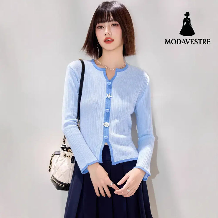 Chic Knit Cardigan for Women - Color Block Button Design Slim Fit Lightweight Fashionable Layering Top Blue / L