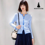 Chic Knit Cardigan for Women - Color Block Button Design Slim Fit Lightweight Fashionable Layering Top Blue / S
