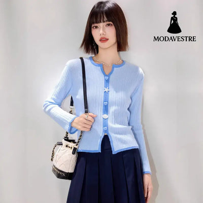 Chic Knit Cardigan for Women - Color Block Button Design Slim Fit Lightweight Fashionable Layering Top Blue / S