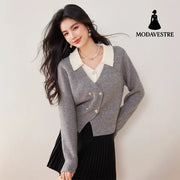 Chic Knit Cardigan for Women with Turn-Down Collar and Fake Two-Piece Design Short Sleeveless Sweater Coat