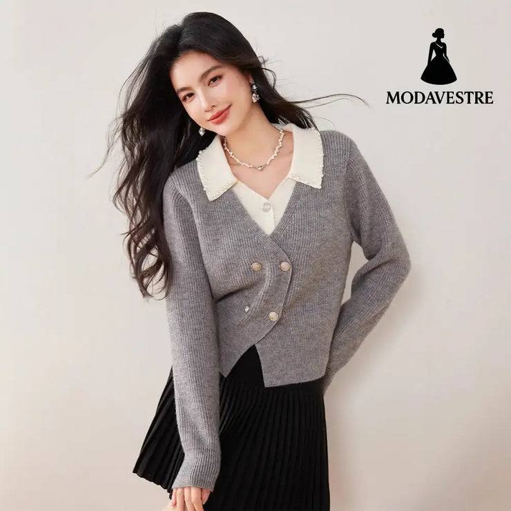 Chic Knit Cardigan for Women with Turn-Down Collar and Fake Two-Piece Design Short Sleeveless Sweater Coat