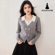 Chic Knit Cardigan for Women with Turn-Down Collar and Fake Two-Piece Design Short Sleeveless Sweater Coat