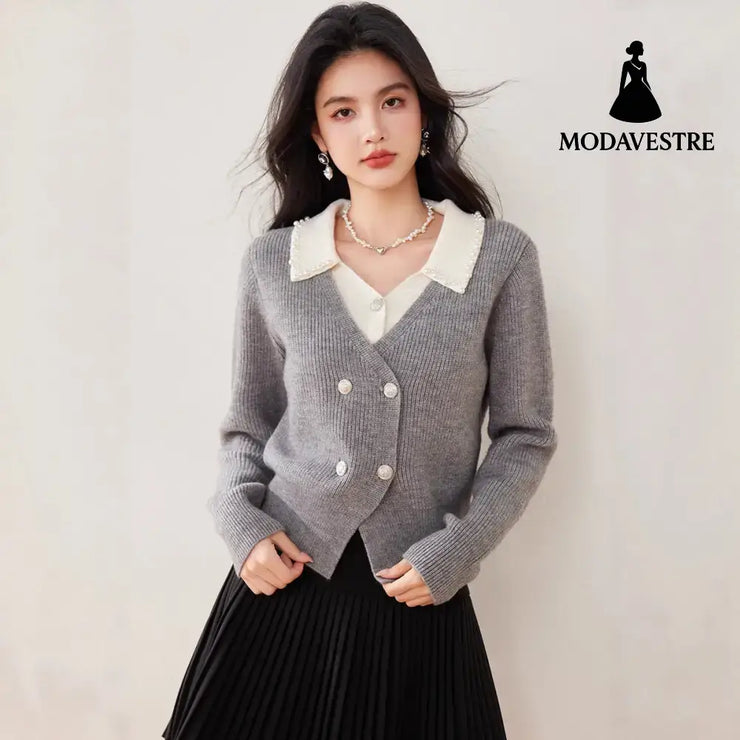 Chic Knit Cardigan for Women with Turn-Down Collar and Fake Two-Piece Design Short Sleeveless Sweater Coat