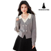 Chic Knit Cardigan for Women with Turn-Down Collar and Fake Two-Piece Design Short Sleeveless Sweater Coat