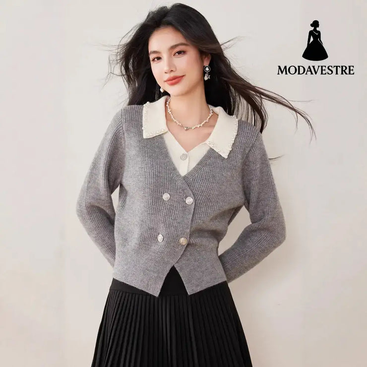 Chic Knit Cardigan for Women with Turn-Down Collar and Fake Two-Piece Design Short Sleeveless Sweater Coat