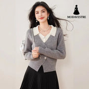 Chic Knit Cardigan for Women with Turn-Down Collar and Fake Two-Piece Design Short Sleeveless Sweater Coat Gray / S
