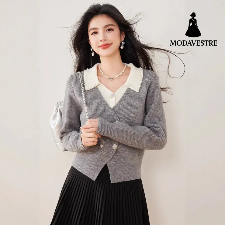 Chic Knit Cardigan for Women with Turn-Down Collar and Fake Two-Piece Design Short Sleeveless Sweater Coat Gray / S