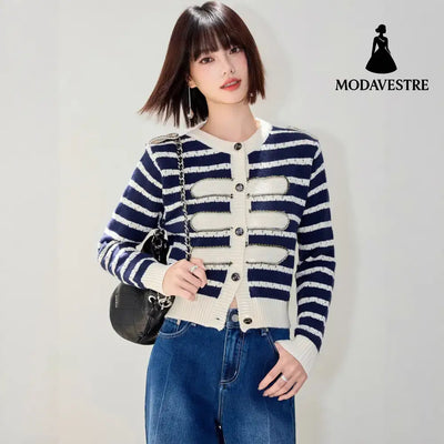 Chic Striped Rhinestone Long Sleeve Knit Cardigan Coat for Women French Vintage Style Elegant and Slim-Fitting Top Blue