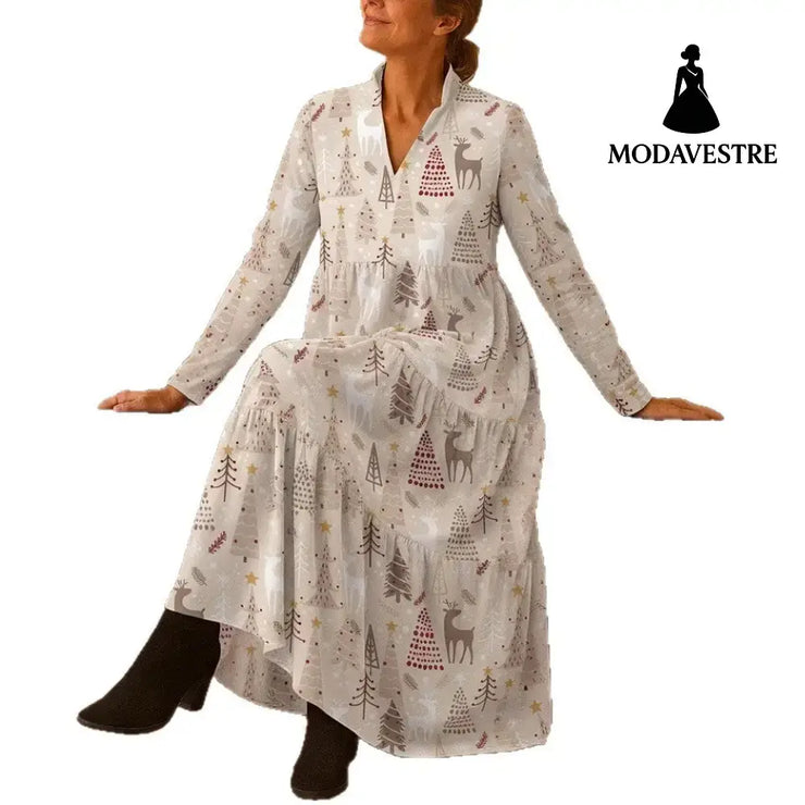 Christmas Deer Digital Printed Casual Long Sleeve Cardigan Dress