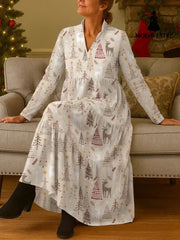 Christmas Deer Digital Printed Casual Long Sleeve Cardigan Dress Apricot / S