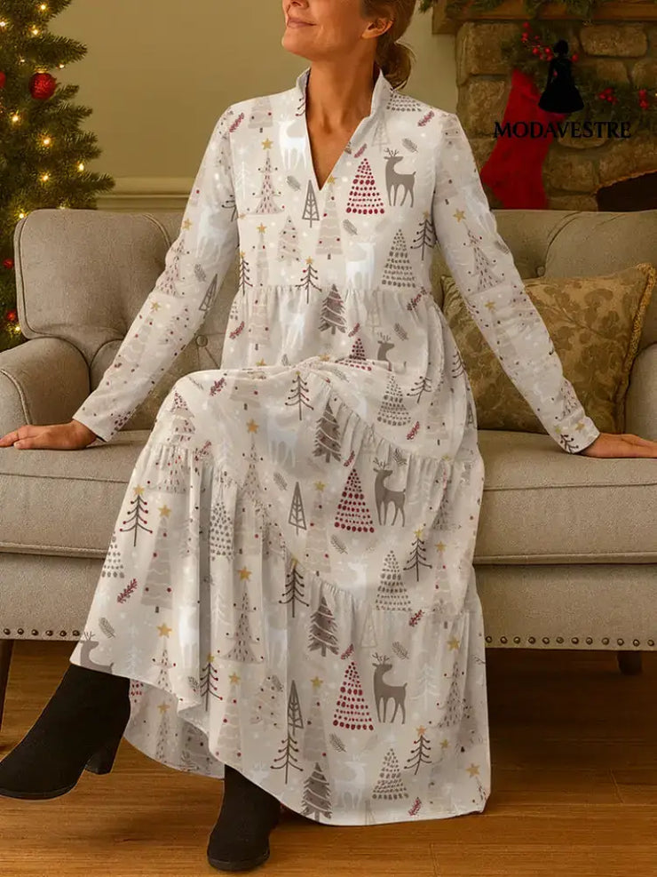 Christmas Deer Digital Printed Casual Long Sleeve Cardigan Dress Apricot / S