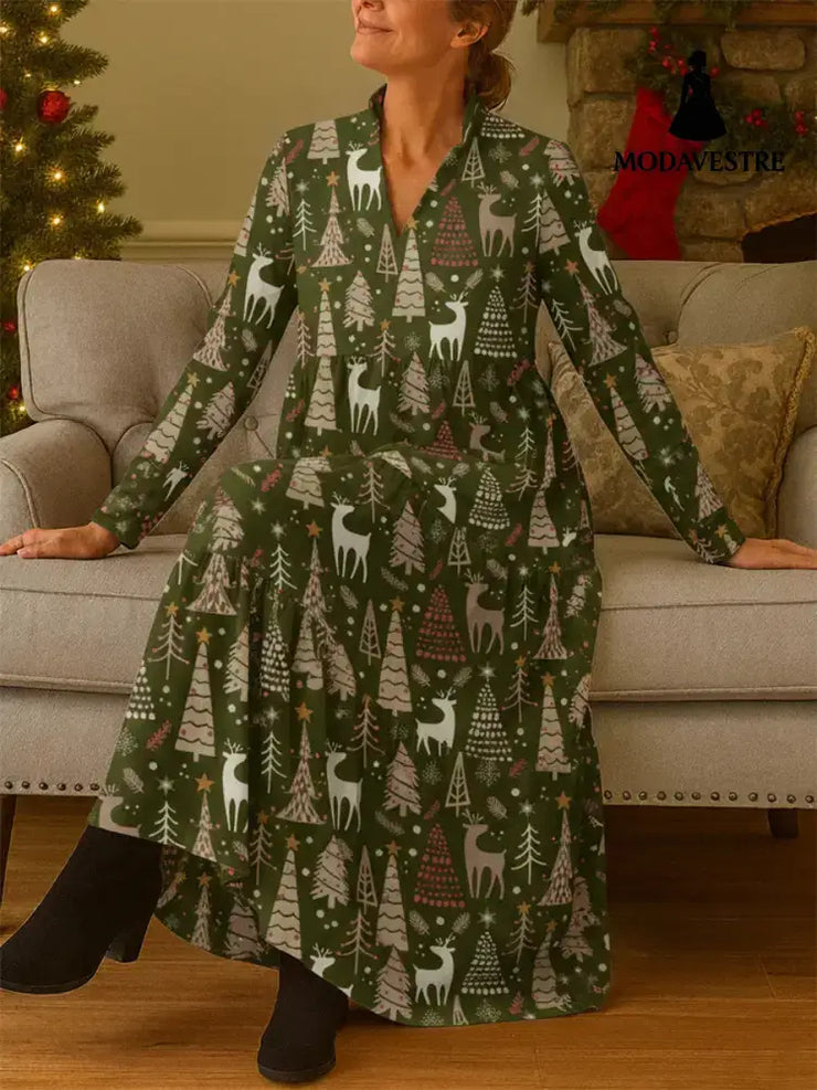 Christmas Deer Digital Printed Casual Long Sleeve Cardigan Dress Green / S