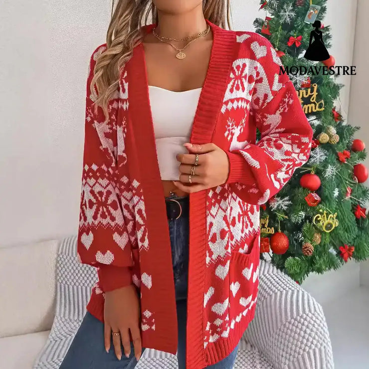 Christmas deer pocket long sleeved cardigan sweater jacket