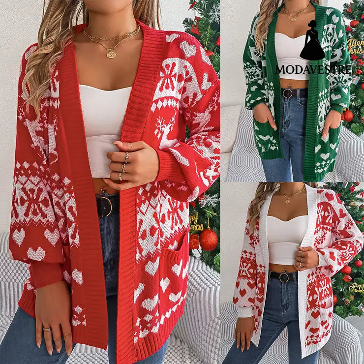 Christmas deer pocket long sleeved cardigan sweater jacket