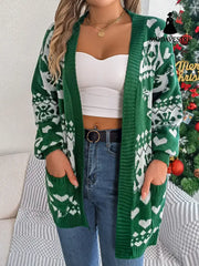 Christmas deer pocket long sleeved cardigan sweater jacket Green / S