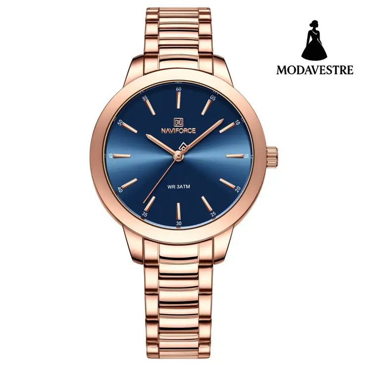 Classic Folding Buckle Waterproof Round Watch Women Dark Blue Accessory