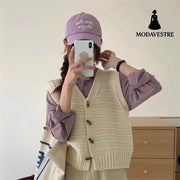 College Style Knitted Cardigan Vest Solid Color Wooden Buckle Bandage Dress