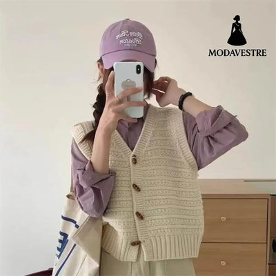 College Style Knitted Cardigan Vest Solid Color Wooden Buckle Bandage Dress