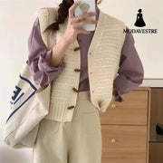 College Style Knitted Cardigan Vest Solid Color Wooden Buckle Bandage Dress