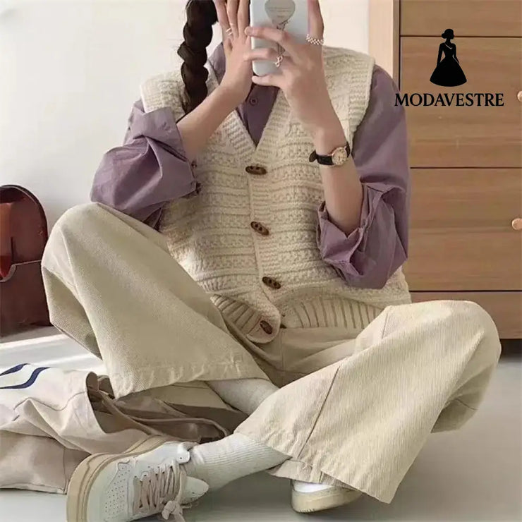 College Style Knitted Cardigan Vest Solid Color Wooden Buckle Bandage Dress
