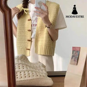 College Style Knitted Cardigan Vest Solid Color Wooden Buckle Bandage Dress