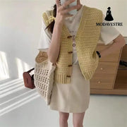 College Style Knitted Cardigan Vest Solid Color Wooden Buckle Bandage Dress Custard / L