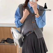 College Style Knitted Cardigan Vest Solid Color Wooden Buckle Bandage Dress Dark Gray / L